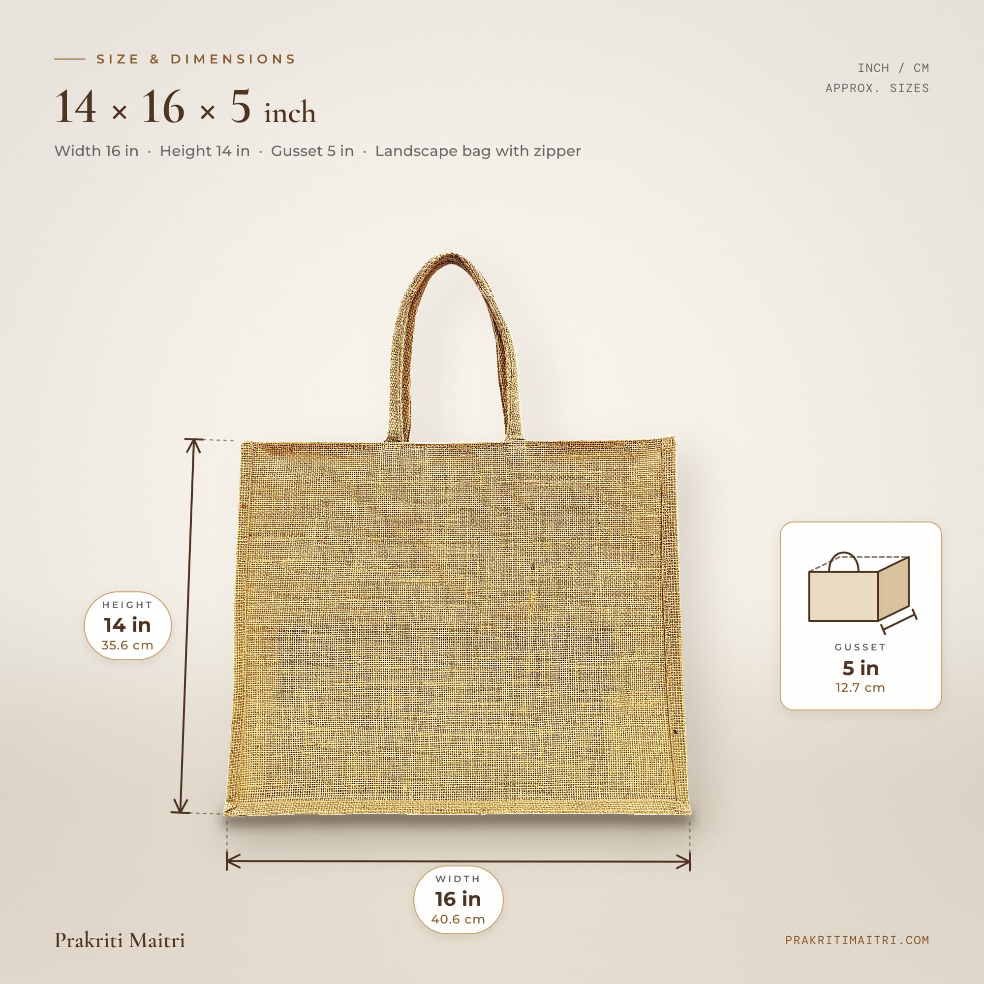 Plain Jute Bag with Zipper - 16 x 5 x 14 inch